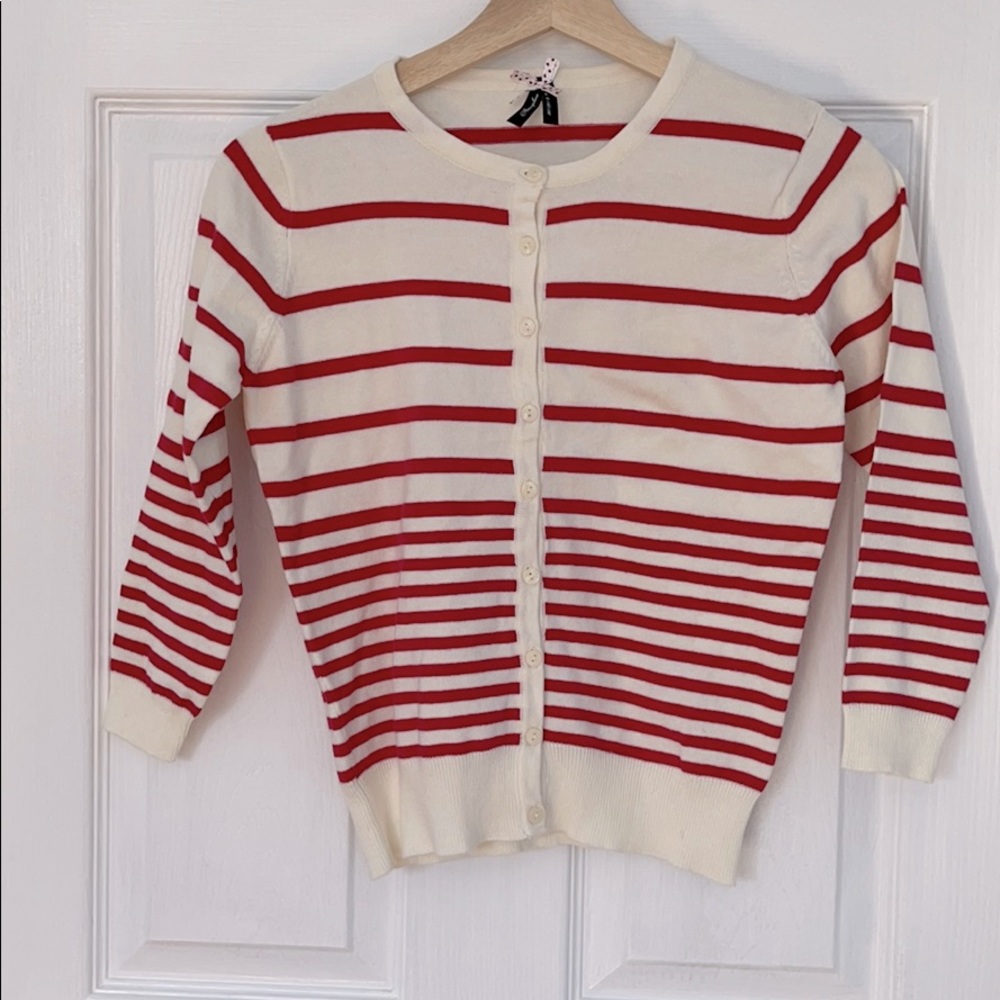 White and red stripe cardigan sweater